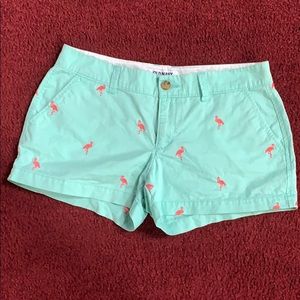 Aqua Blue Shorts with pink peacock accents